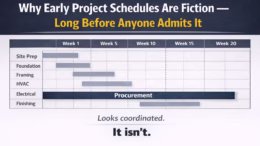 Gantt chart showing early project schedule that appears coordinated but is driven by incomplete procurement and scope inputs