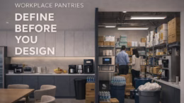 Modern workplace pantry showing front-of-house design contrasted with back-of-house storage and operational demands