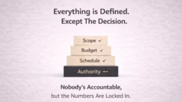 Stacked blocks labeled scope, budget, and schedule are defined while authority is missing, illustrating lack of decision ownership in capital projects