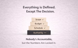 Stacked blocks labeled scope, budget, and schedule are defined while authority is missing, illustrating lack of decision ownership in capital projects