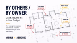 Architectural floor plan graphic illustrating “By Others” and “By Owner” scope gaps in construction projects, including millwork, AV, furniture, bollards, and specialty equipment coordination risks
