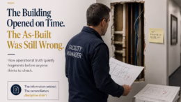 Facility manager reviewing building conditions against inaccurate as-built drawings after project turnover