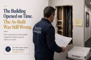 Facility manager reviewing building conditions against inaccurate as-built drawings after project turnover