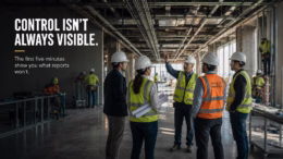 Owner’s representative, architect, superintendent, and project manager walking an active commercial construction site with exposed ceilings, multiple trades, and visible coordination work in progress.