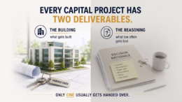 Infographic showing the two deliverables of a capital project: the completed building and the decision rationale that explains why key project decisions were made.