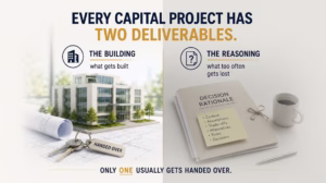 Infographic showing the two deliverables of a capital project: the completed building and the decision rationale that explains why key project decisions were made.