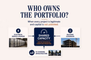 Portfolio-level capital planning illustration showing multiple facility projects competing for shared infrastructure capacity, funding, and organizational resources.