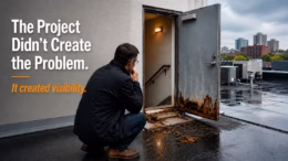 Hidden conditions discovered during a commercial roof replacement project, including a deteriorated roof access door and threshold requiring owner-side capital planning decisions.