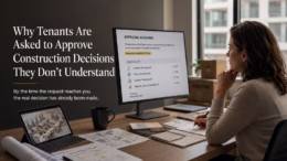 Tenant reviewing construction approval documents and office design selections without full project context during a commercial office buildout.