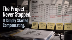 Owner-side capital project governance illustration showing a permit tracking board where project teams compensate for poor consultant performance instead of reevaluating the original decision.