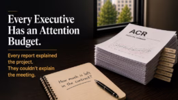 Stack of executive capital project reports beside a notebook illustrating how executive attention, not reporting alone, shapes project governance and decision-making.
