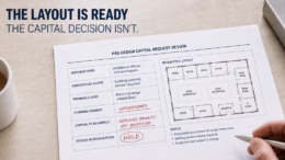 Pre-design capital request review showing a requested office layout with funding unconfirmed and design authorization on hold.