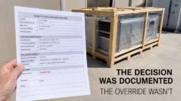 An owner’s rep holds a substitution decision record marked “Rejected” in front of mechanical equipment delivered after an undocumented executive override.