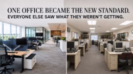 Side-by-side comparison of a bright new office and a clean but dated workplace with older furniture and technology.