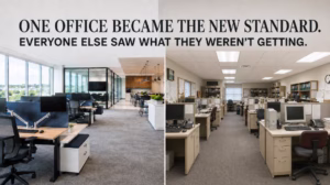 Side-by-side comparison of a bright new office and a clean but dated workplace with older furniture and technology.
