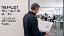 Project leader compares a swing-space plan with the occupied office floor designated for temporary relocation.