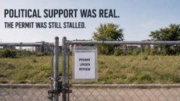 Locked gate at an undeveloped site with a “Permit Under Review” notice and the headline “Political Support Was Real. The Permit Was Still Stalled.”