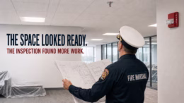 Fire marshal reviews construction plans beneath a sprinkler and fire alarm strobe in a finished office awaiting occupancy approval.