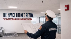 Fire marshal reviews construction plans beneath a sprinkler and fire alarm strobe in a finished office awaiting occupancy approval.